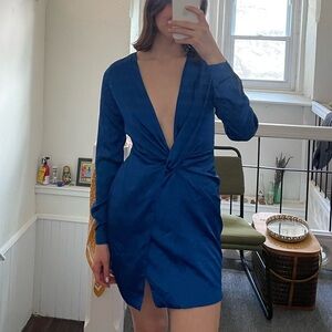 royal blue fashion nova dress with plunging neckline